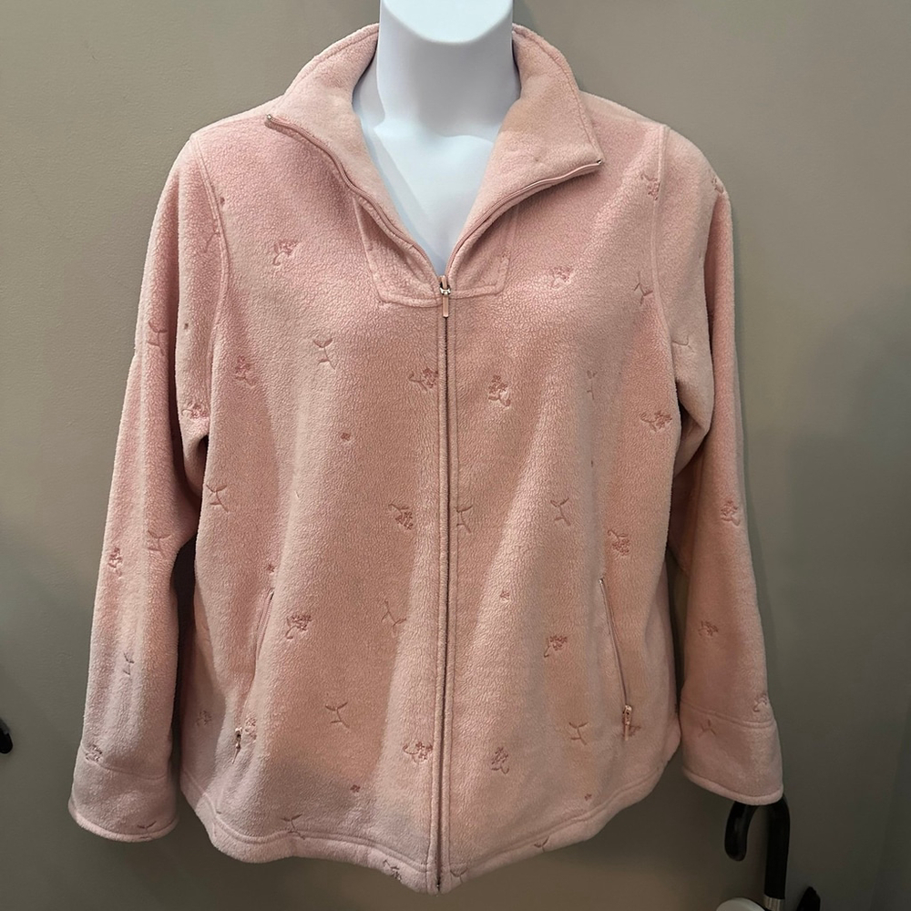 Women's Pink Fleece Embroidered Floral Spring Jacket Denim&Co 1X